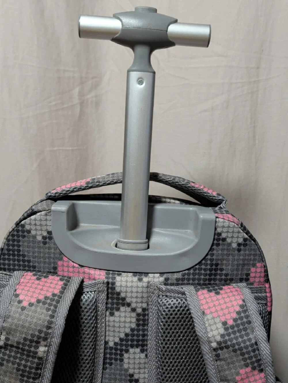 Tilami Girls Gray & Pink Heart Print Backpack With Wheels And Pull Handle
